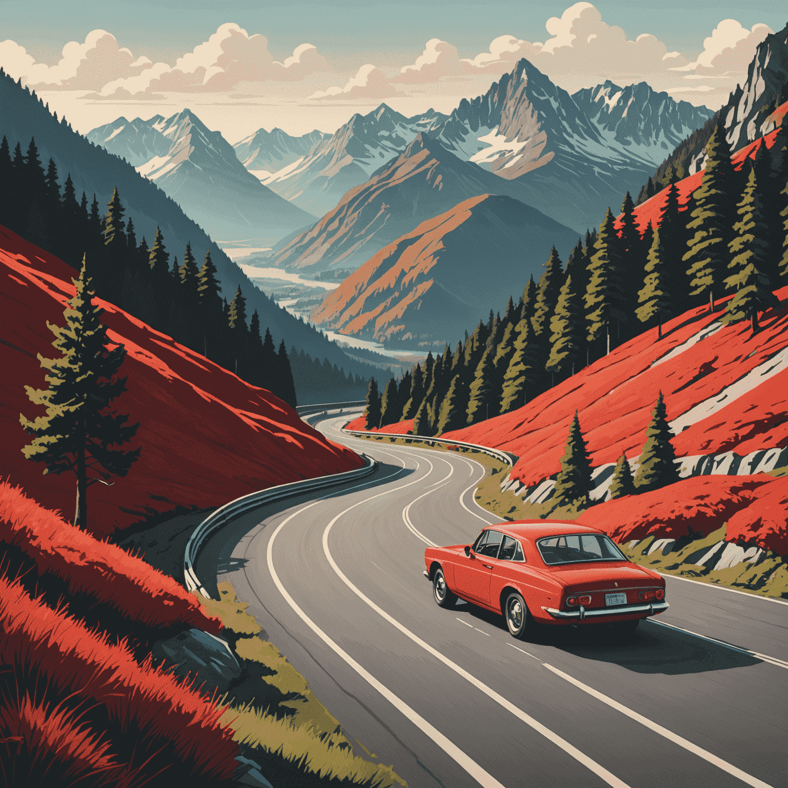 Illustration of a red car driving on a winding road through a scenic landscape with mountains and trees