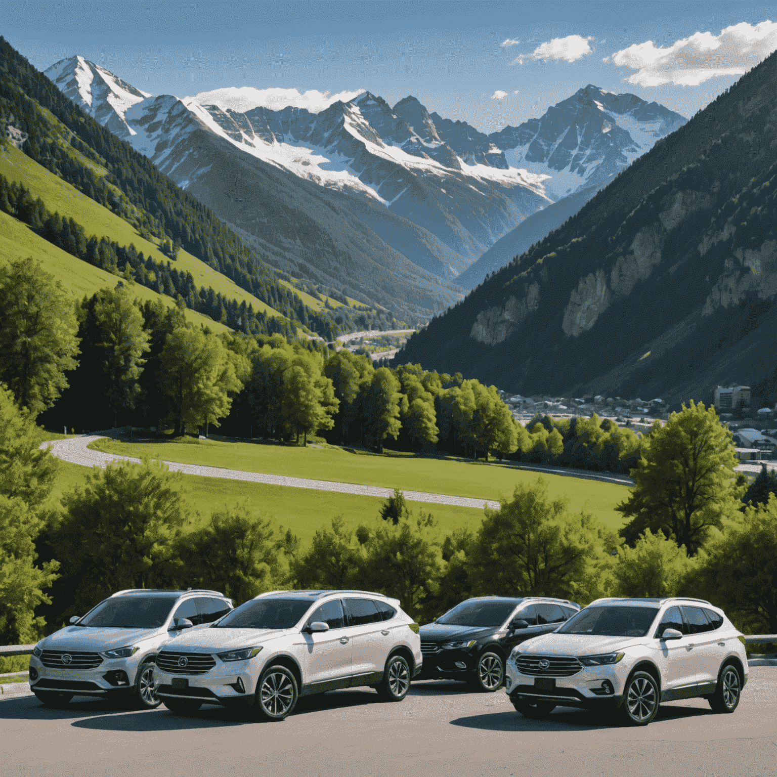 A variety of cars available for rent, including compact cars, sedans, and SUVs, parked in a lot with a scenic mountain backdrop.