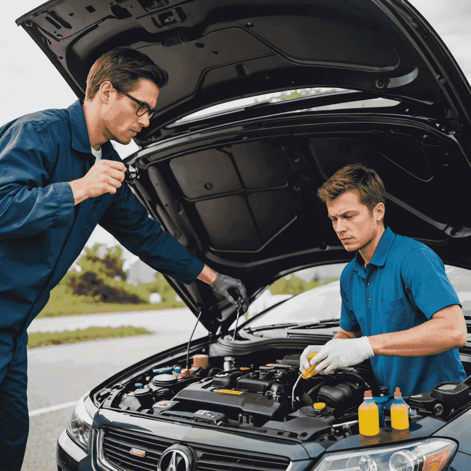 Person checking car fluids under the hood, such as oil, coolant, and brake fluid