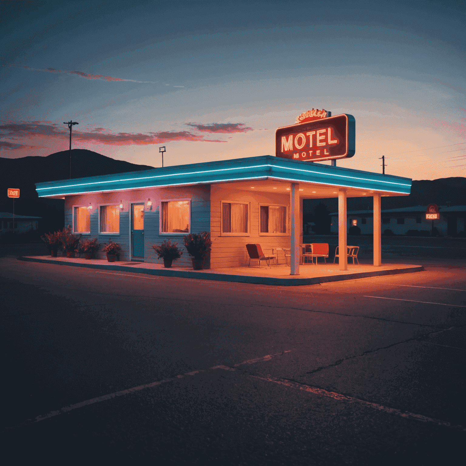 A charming, retro-style motel with a neon sign, representing a cozy and affordable accommodation option for a road trip