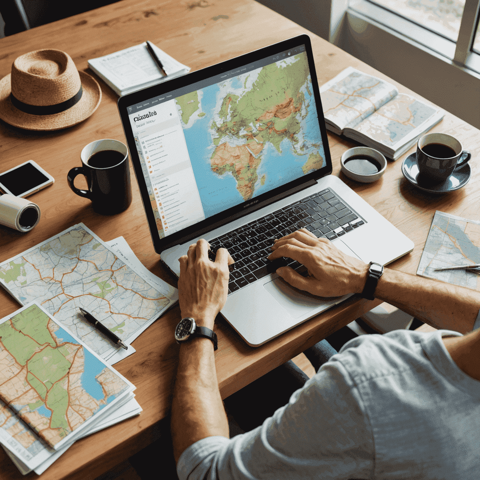 A travel expert sitting at a desk, using a computer to plan a personalized road trip itinerary, with a map and travel guides visible on the desk.