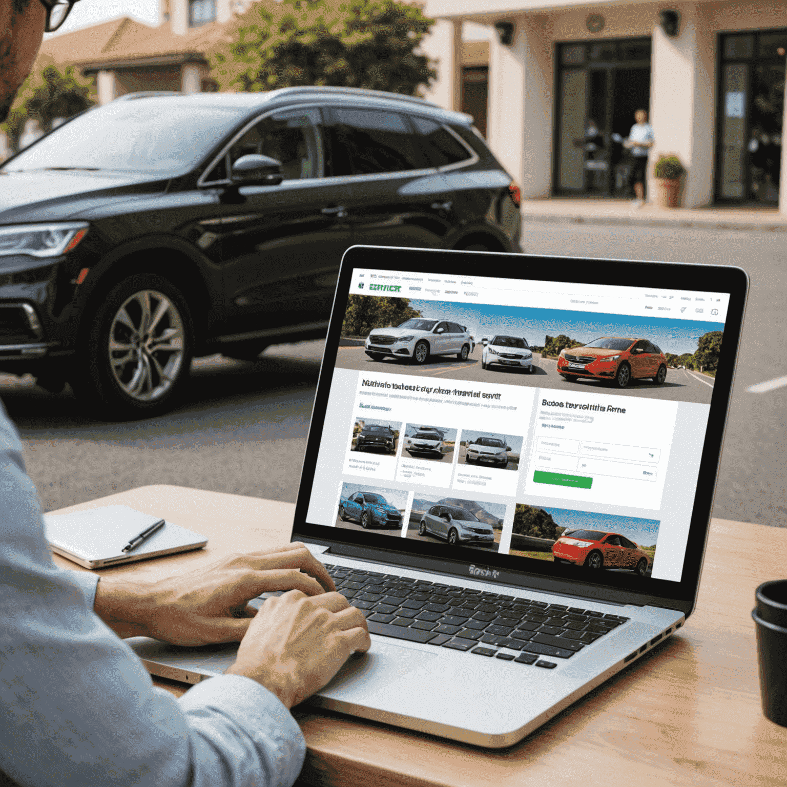 A person using a laptop to easily book a rental car online, with a simple and user-friendly interface.