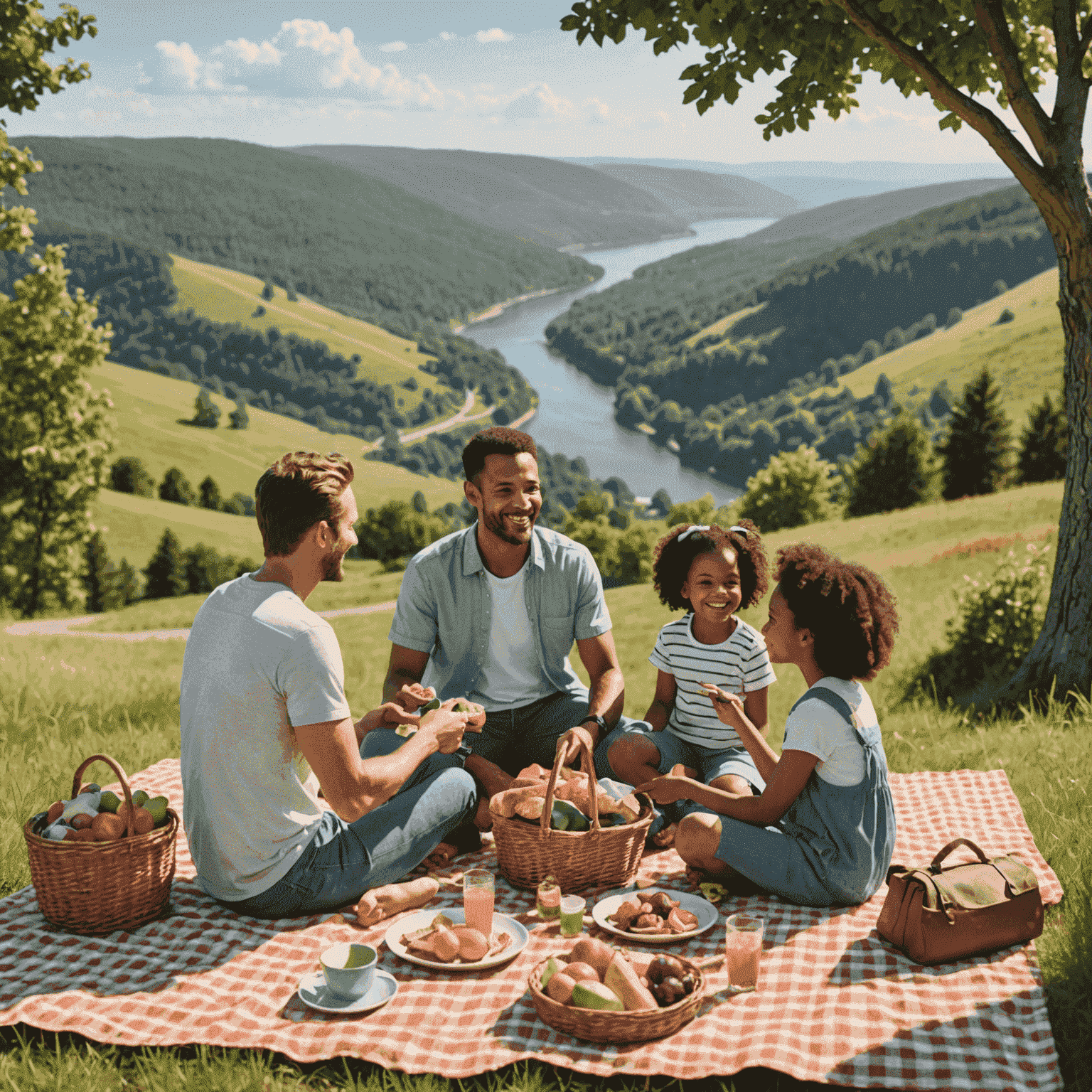 A happy family enjoying a picnic at a scenic overlook during their summer road trip vacation