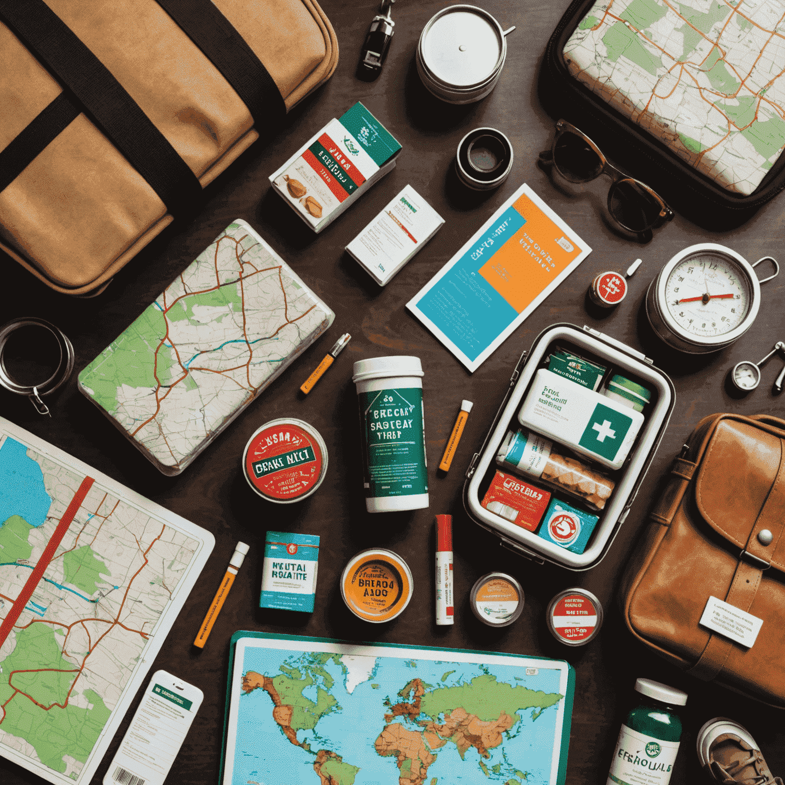 Collage of road trip essentials like snacks, maps, and a first-aid kit