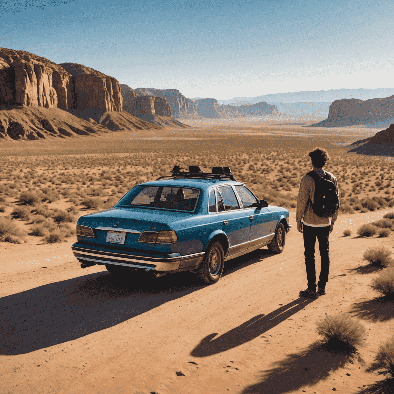 A solo traveler standing next to their car, taking in an awe-inspiring view of a vast desert landscape during a soul-searching road trip