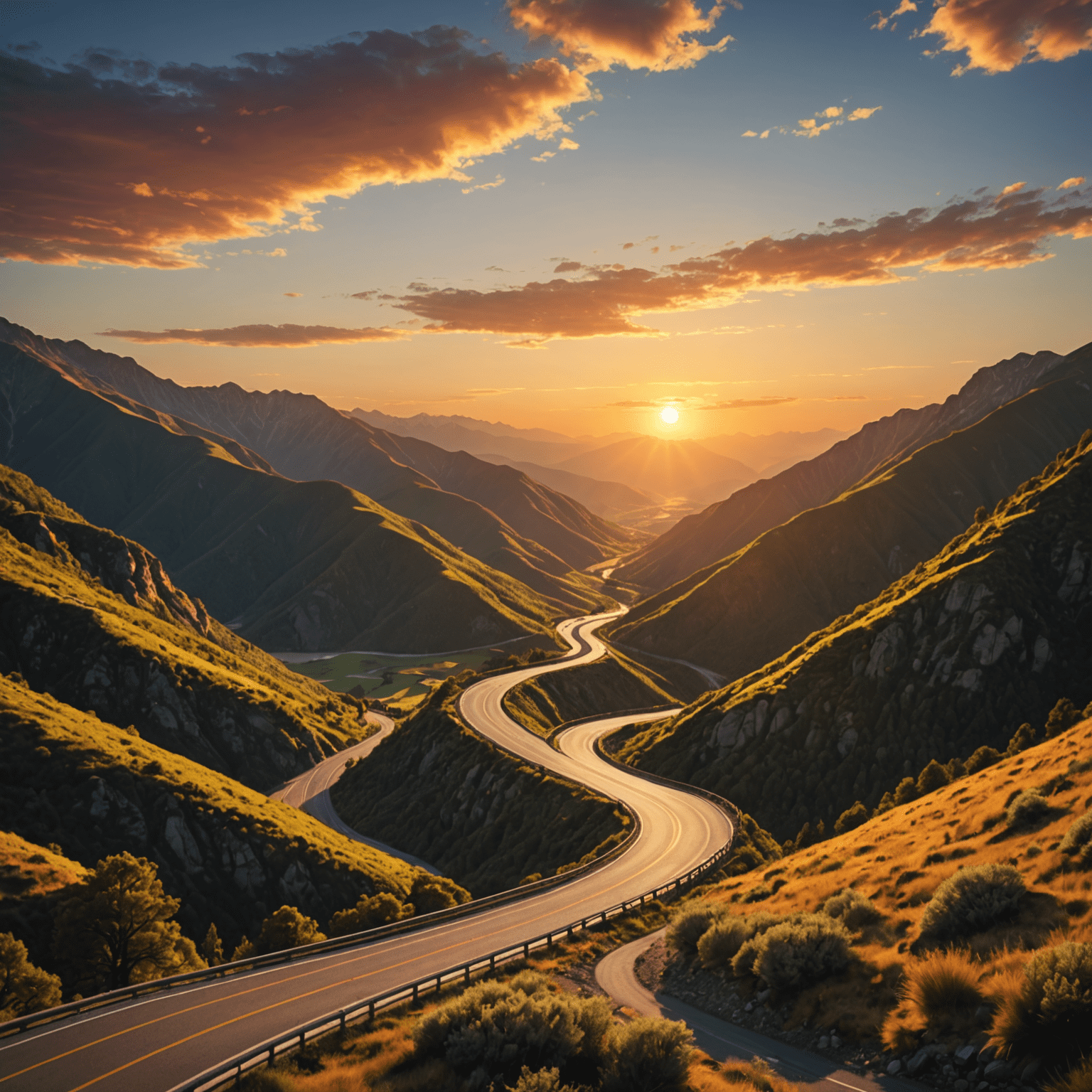 A scenic road winding through mountains with a beautiful sunset in the background