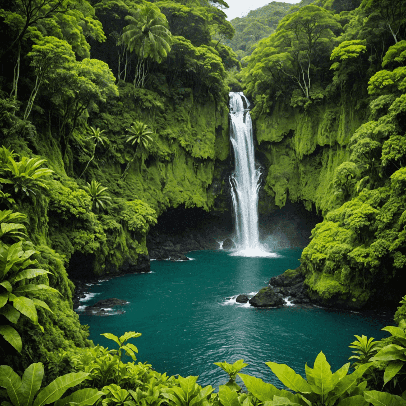 Lush tropical landscapes and waterfalls on the Road to Hana