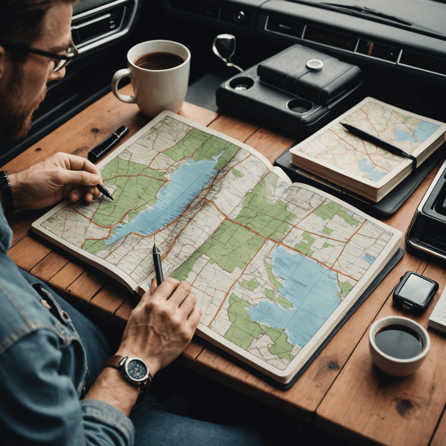 A person planning a road trip with a map, notebook, and pen